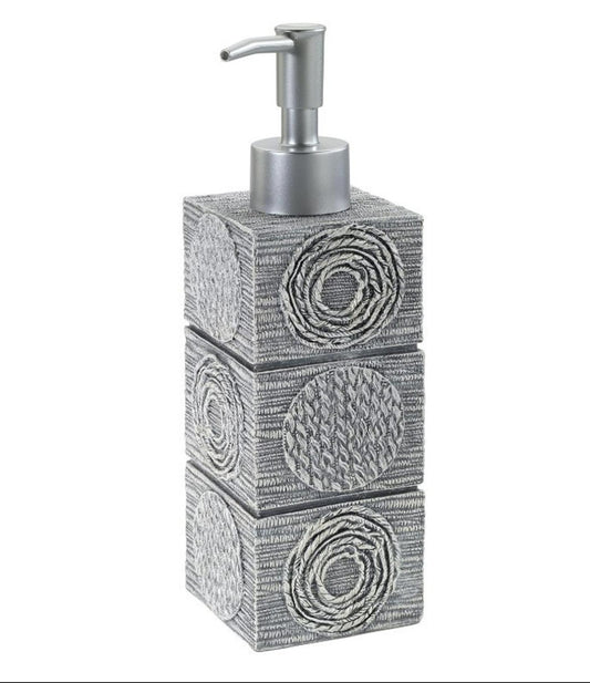 Soap dispenser with textured gray design and silver pump top.