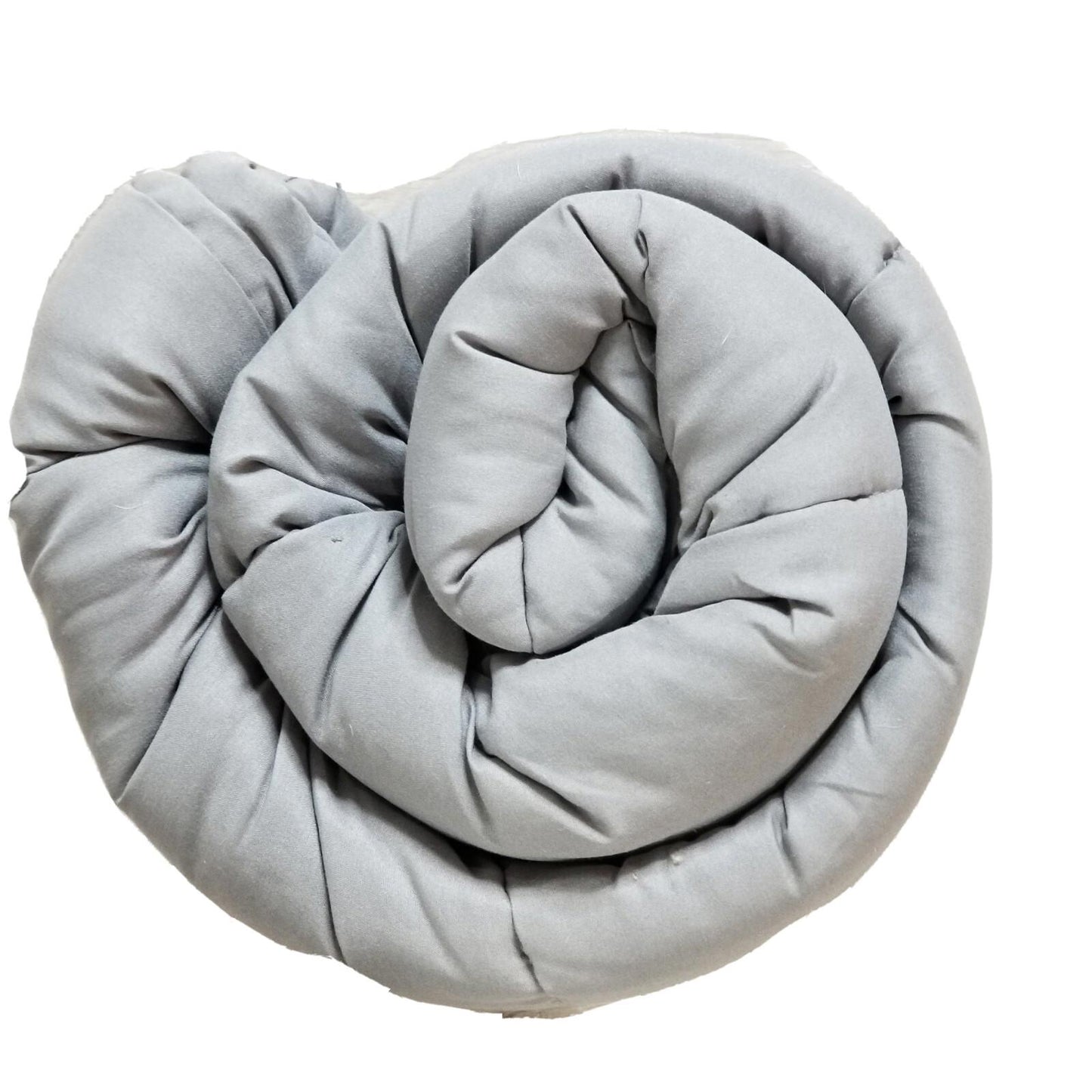 Gray weighted blanket rolled up for easy storage and comfort.