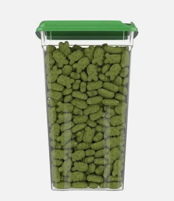 Green gummy bear container filled with vibrant green gummy candies.