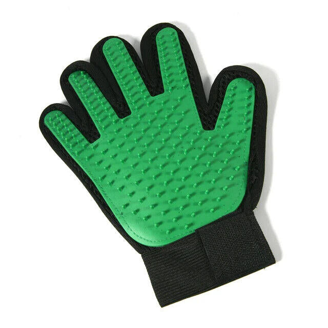 Green pet grooming glove with textured surface for effective shedding control.