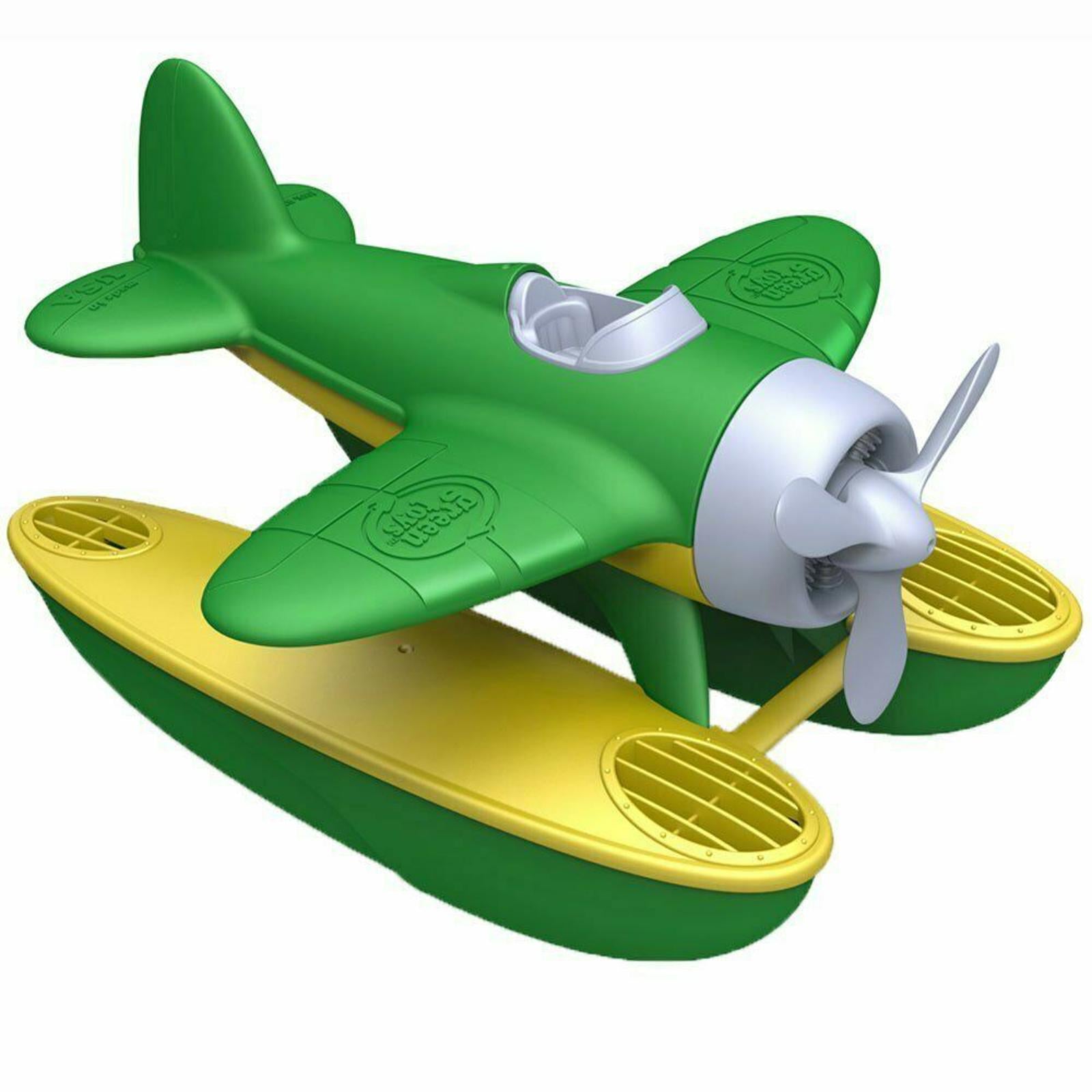 Green Toy Airplane with Yellow Floats, perfect for imaginative play.
