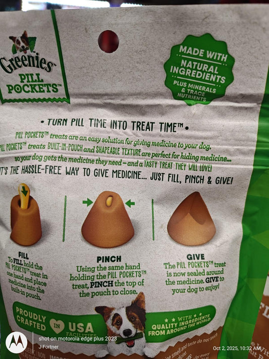 Greenies Pill Pockets for dogs, made with natural ingredients, easy to use for giving medication.