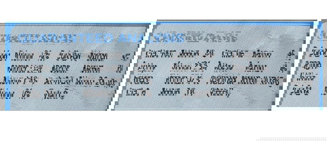 Guaranteed analysis for high-protein pet food showing minimum protein, fat, and fiber content.