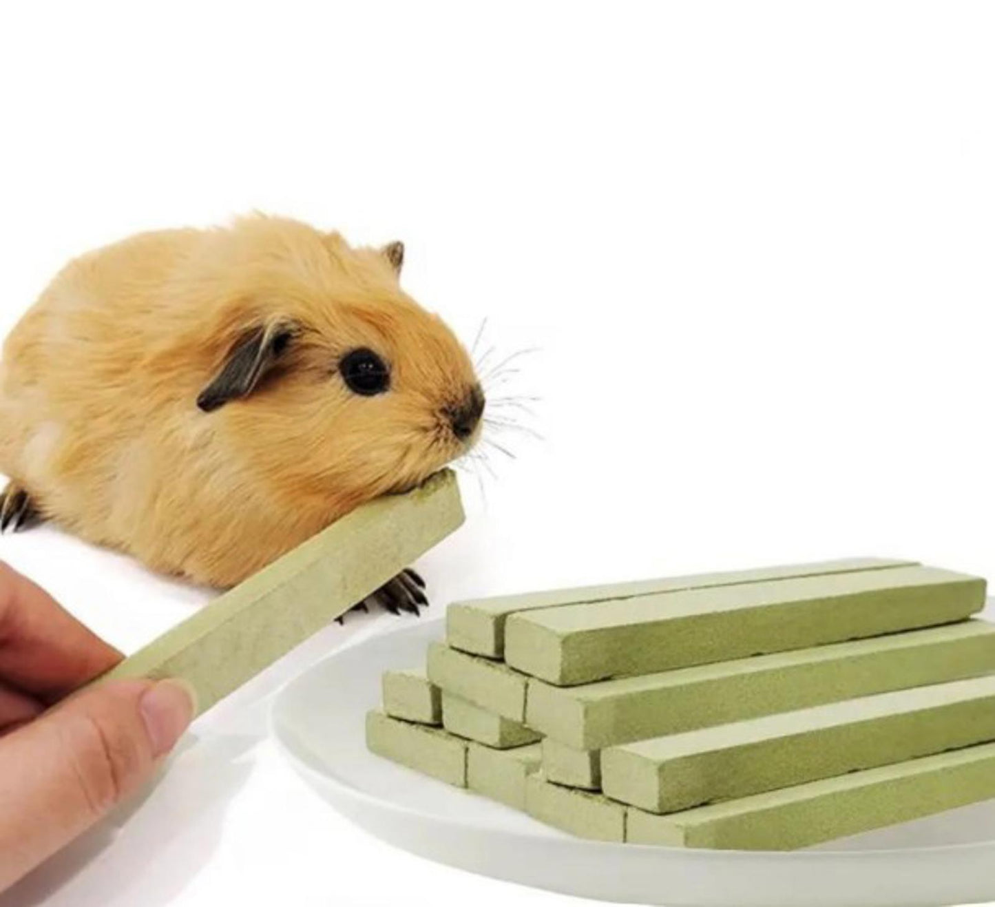 Guinea pig chew sticks for dental health, featuring green color and natural ingredients.