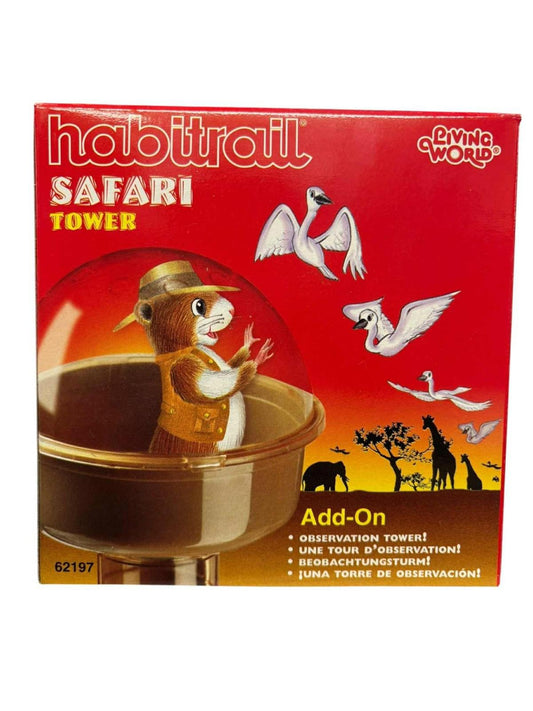 Habitrail Safari Tower add-on features a cute animal in a dome with birds and wildlife illustrations.