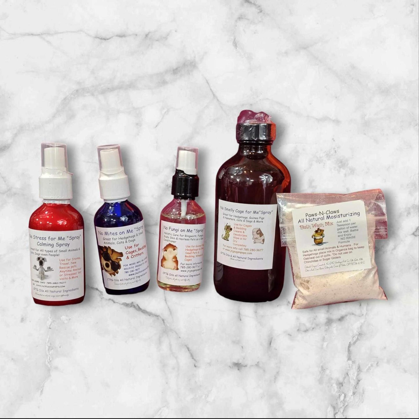 Natural Hair Care Set includes five bottles with various hair treatment solutions and a powder packet.