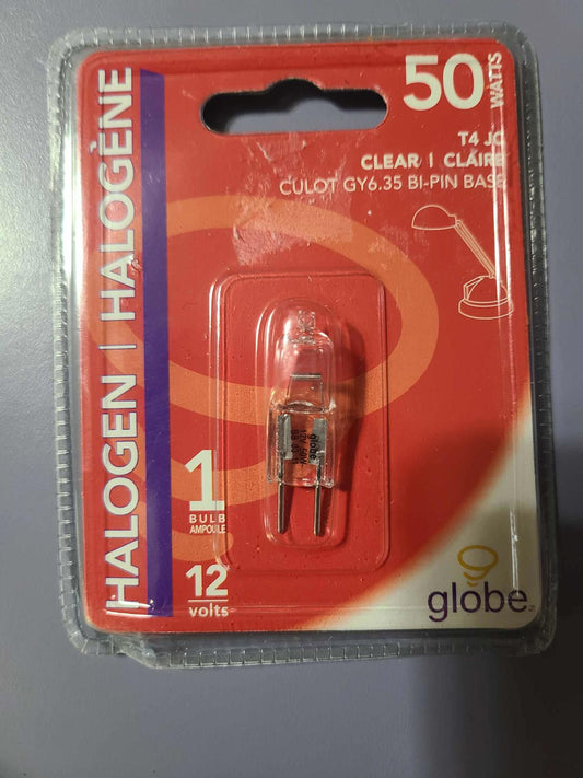 Halogen bulb with clear design, T4 J type, 12 volts, packaged for retail display.