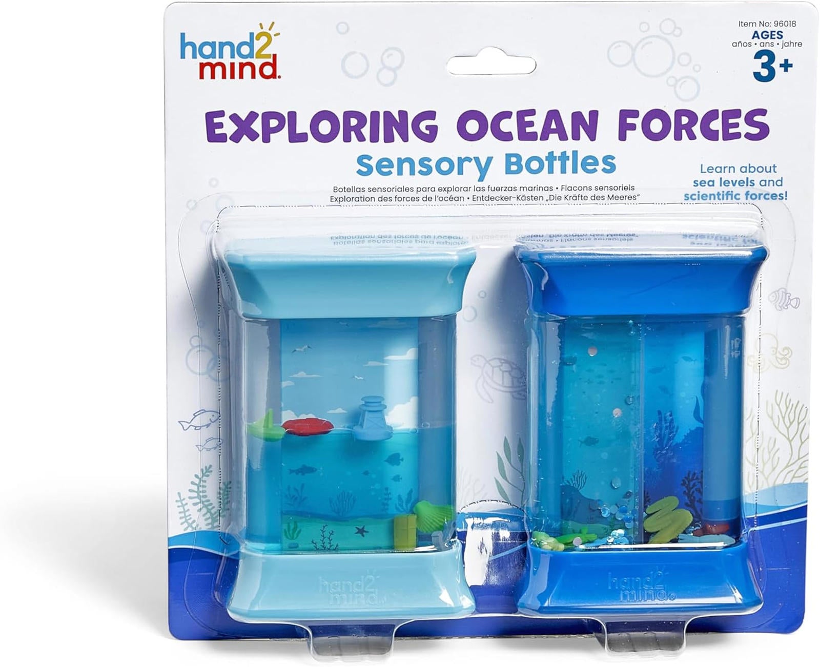 Exploring Ocean Forces sensory bottles by hand2mind, featuring blue and aqua colors with underwater elements.
