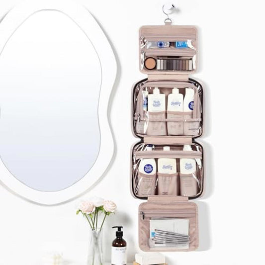 Hanging toiletry organizer with multiple compartments for travel essentials.