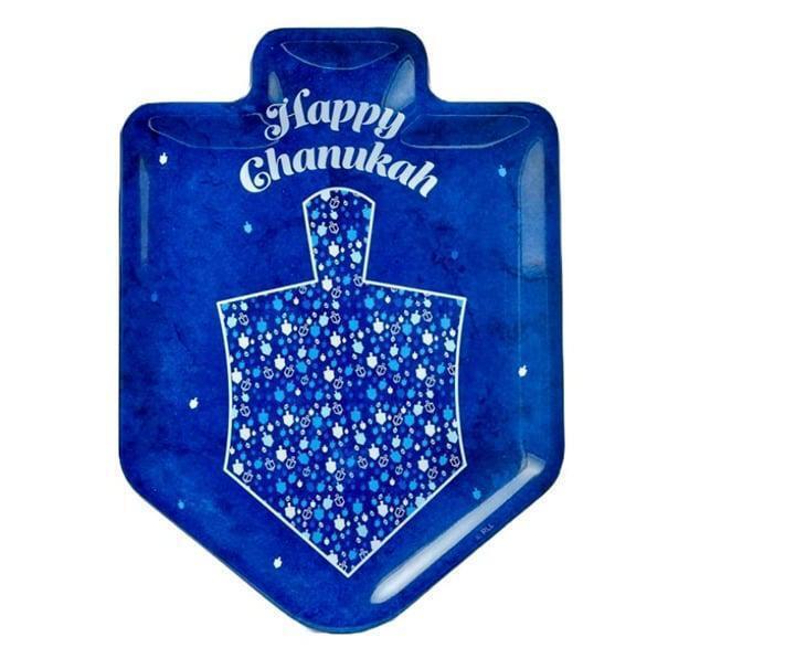 Happy Chanukah dreidel-shaped plate in blue with festive design.