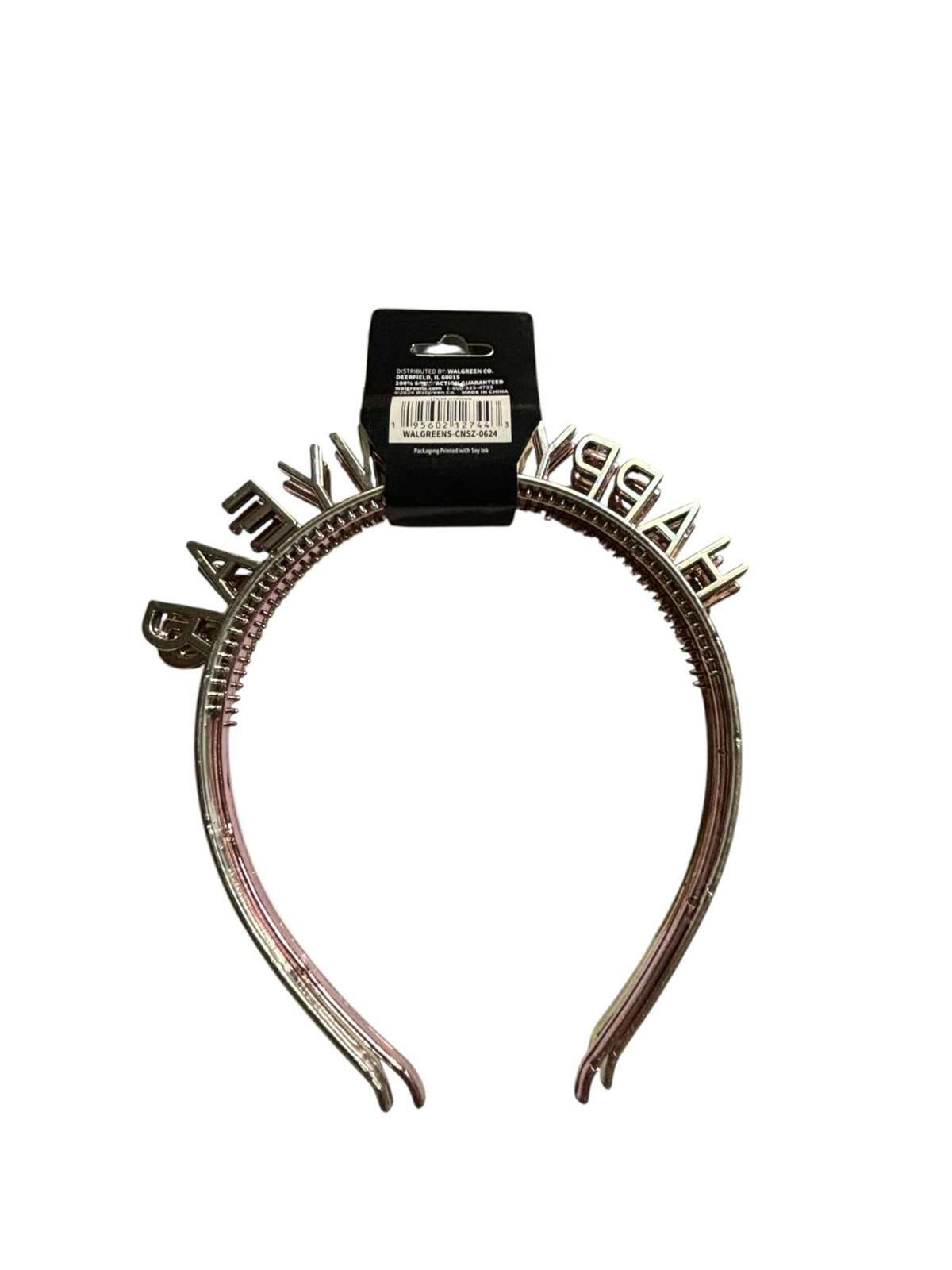 Happy Pink Headband featuring bold lettering and a shiny finish.