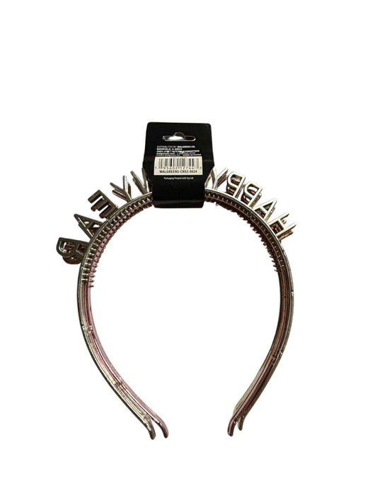 Happy Pink Headband featuring bold lettering and a shiny finish.