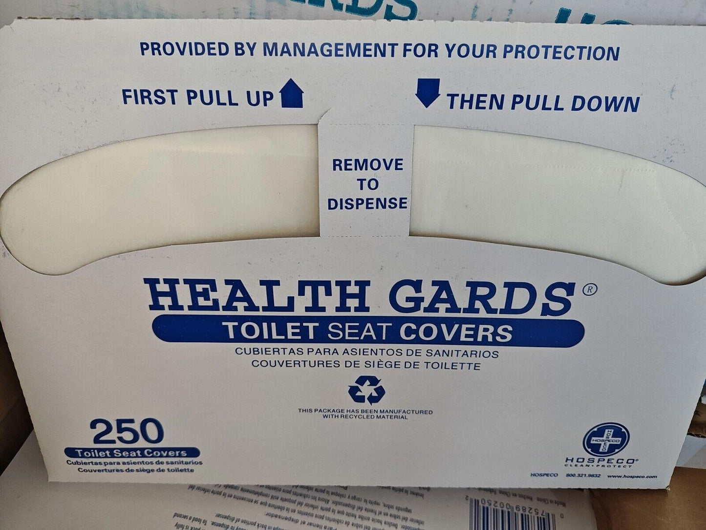 HEALTH GARDS toilet seat covers in a box, featuring instructions for use and a count of 250.