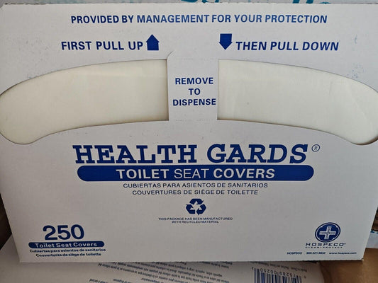 Health Guards toilet seat covers in a box with instructions for use and quantity of 250.