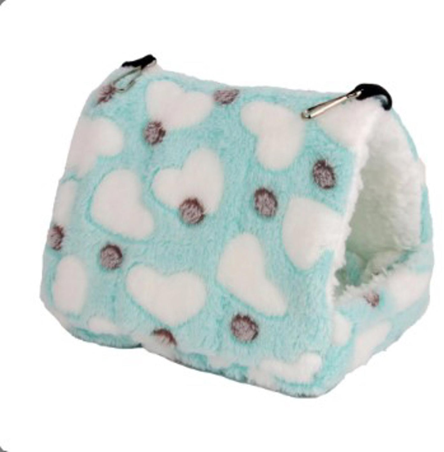 Heart-patterned pet cave bed in light blue with fluffy texture for cozy comfort.
