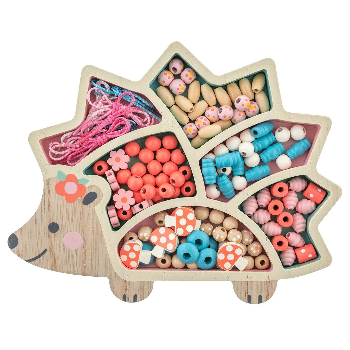 Hedgehog bead sorting set with colorful wooden beads and strings for creative play.