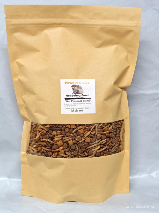 Hedgehog Food in a brown paper bag, featuring a blend of nutritious pellets for hedgehogs.