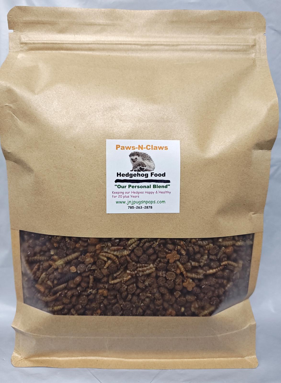 Hedgehog Food by Paws-N-Claws in a resealable bag, featuring a clear window to show the kibble inside.