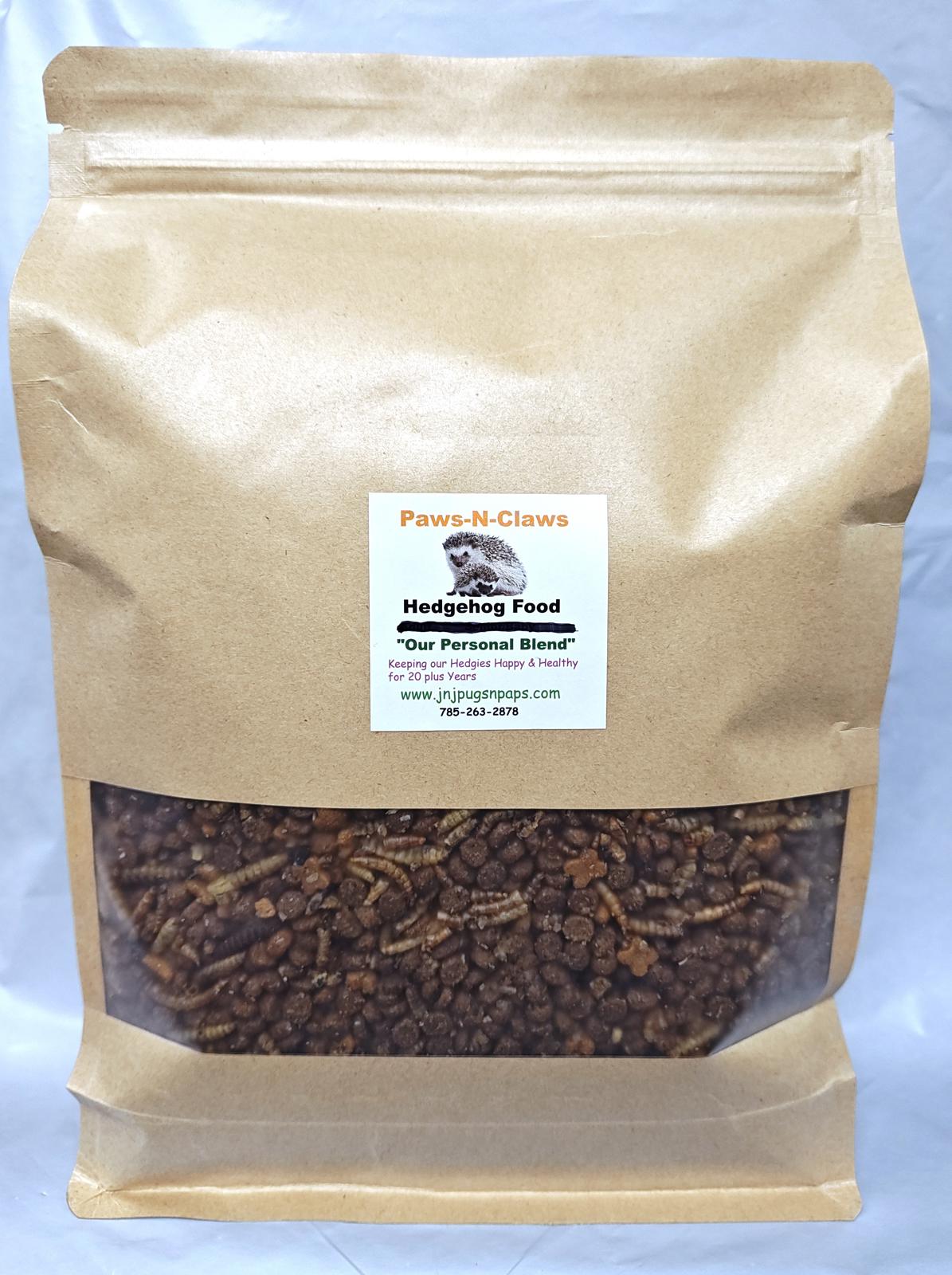 Paws-N-Claws hedgehog food in a resealable bag, featuring a brown color and visible kibble.