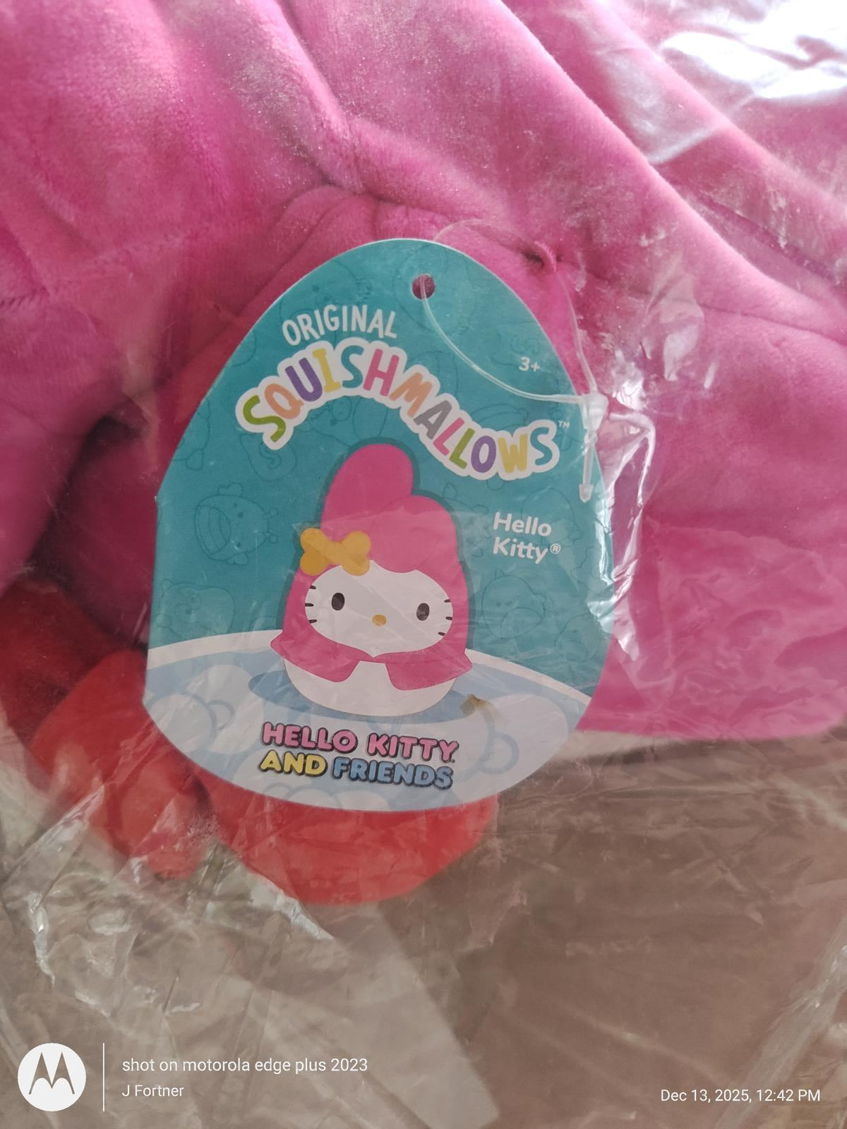 Hello Kitty Soulmates plush toy featuring a pink design and tag.