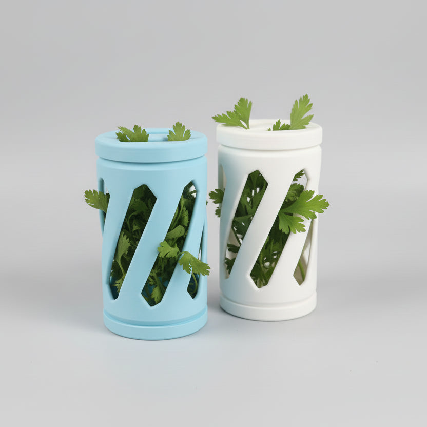 Herb Keeper Set in blue and white with fresh cilantro visible through the slits.