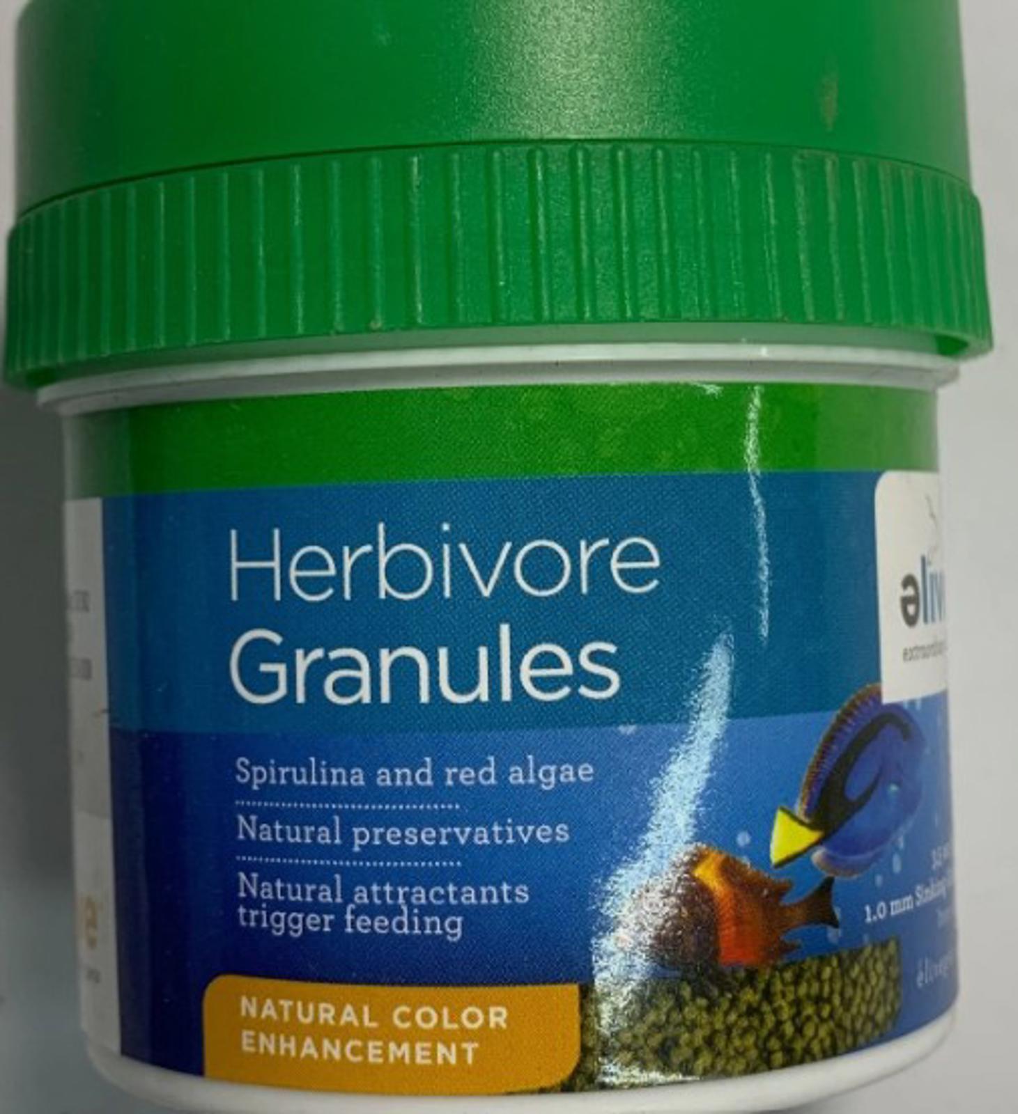Herbivore Granules featuring spirulina and red algae for natural color enhancement.