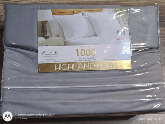 Highland Home 1000 thread count gray bed sheets set with packaging visible.