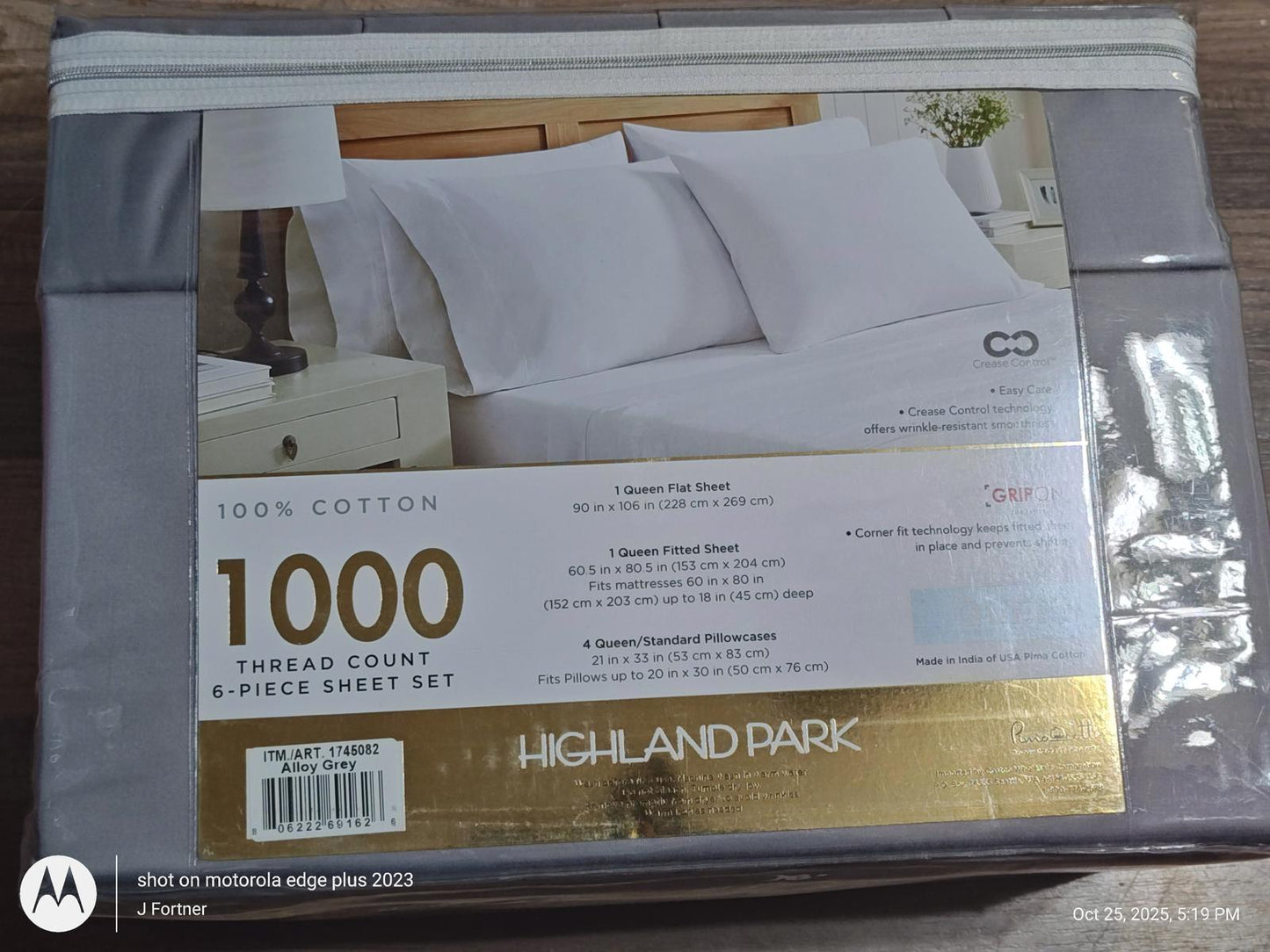 Highland Park 1000 thread count 4-piece sheet set in gray color with soft fabric.