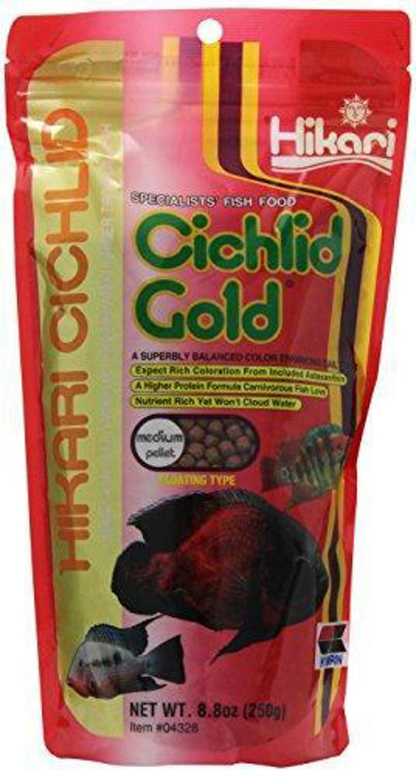 Hikari Cichlid Gold fish food in a vibrant red and yellow bag, designed for enhancing color in cichlids.