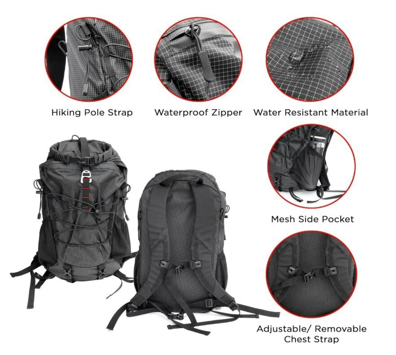 Hiking Backpack features waterproof zipper, water-resistant material, and adjustable chest strap.