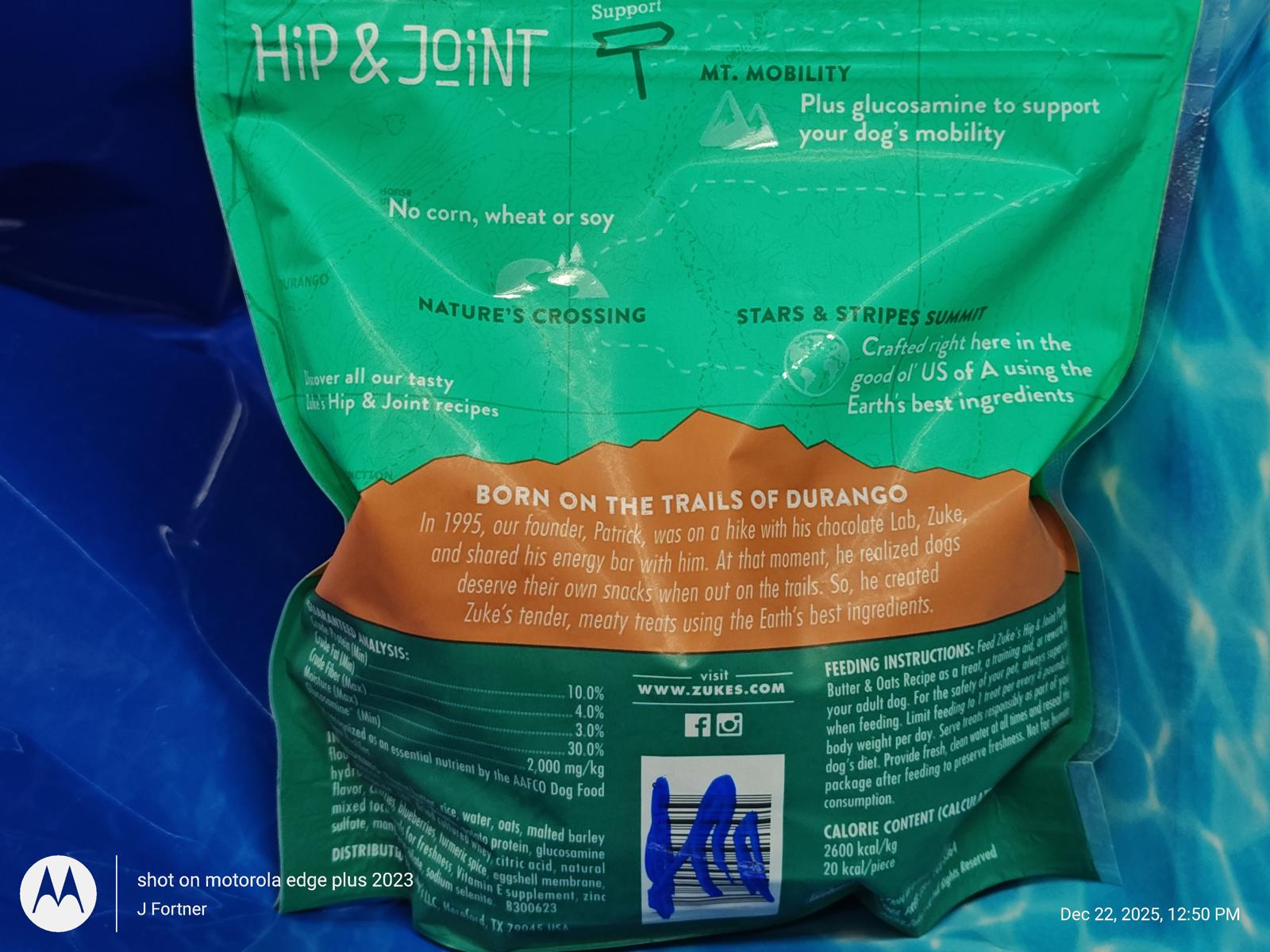 Hip & Joint supplement for dogs, featuring a green and brown packaging design with nutritional information.
