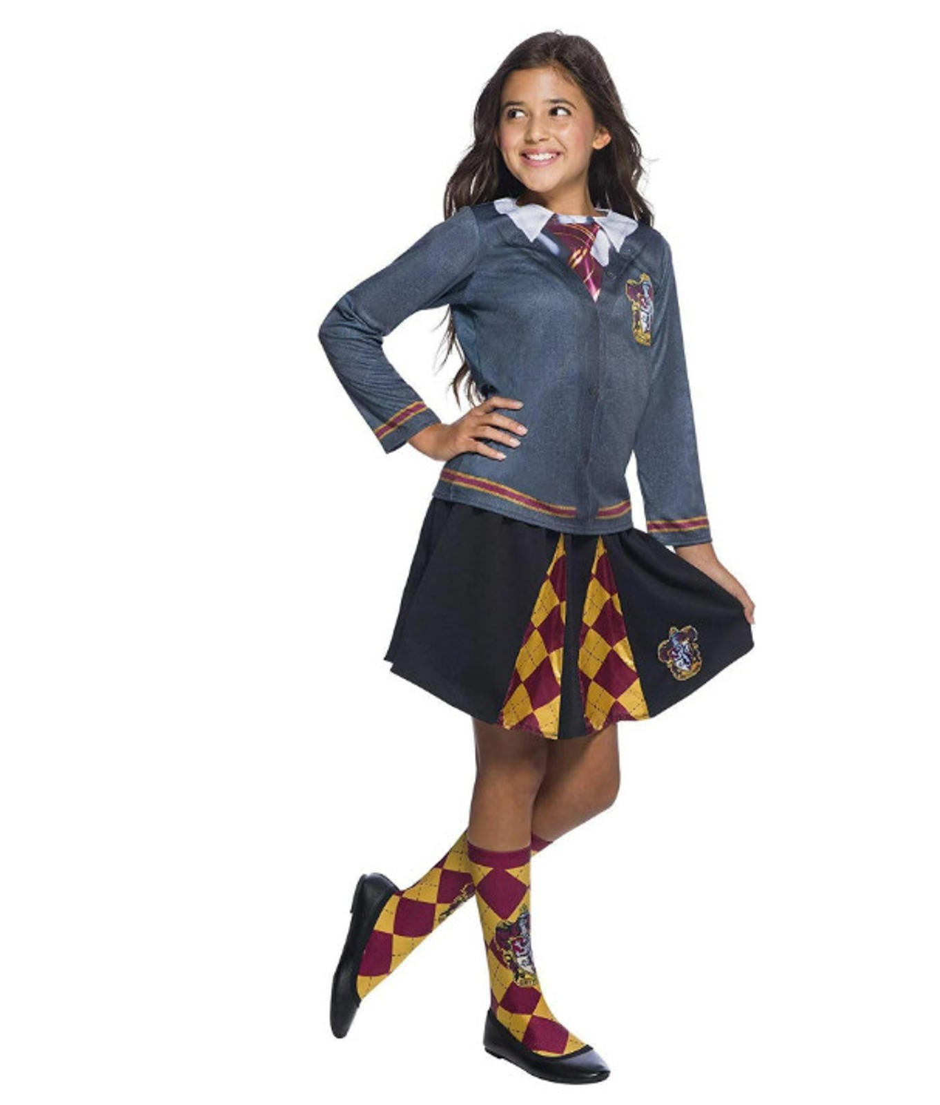 Hogwarts Gryffindor costume featuring a gray jacket and red and gold skirt.