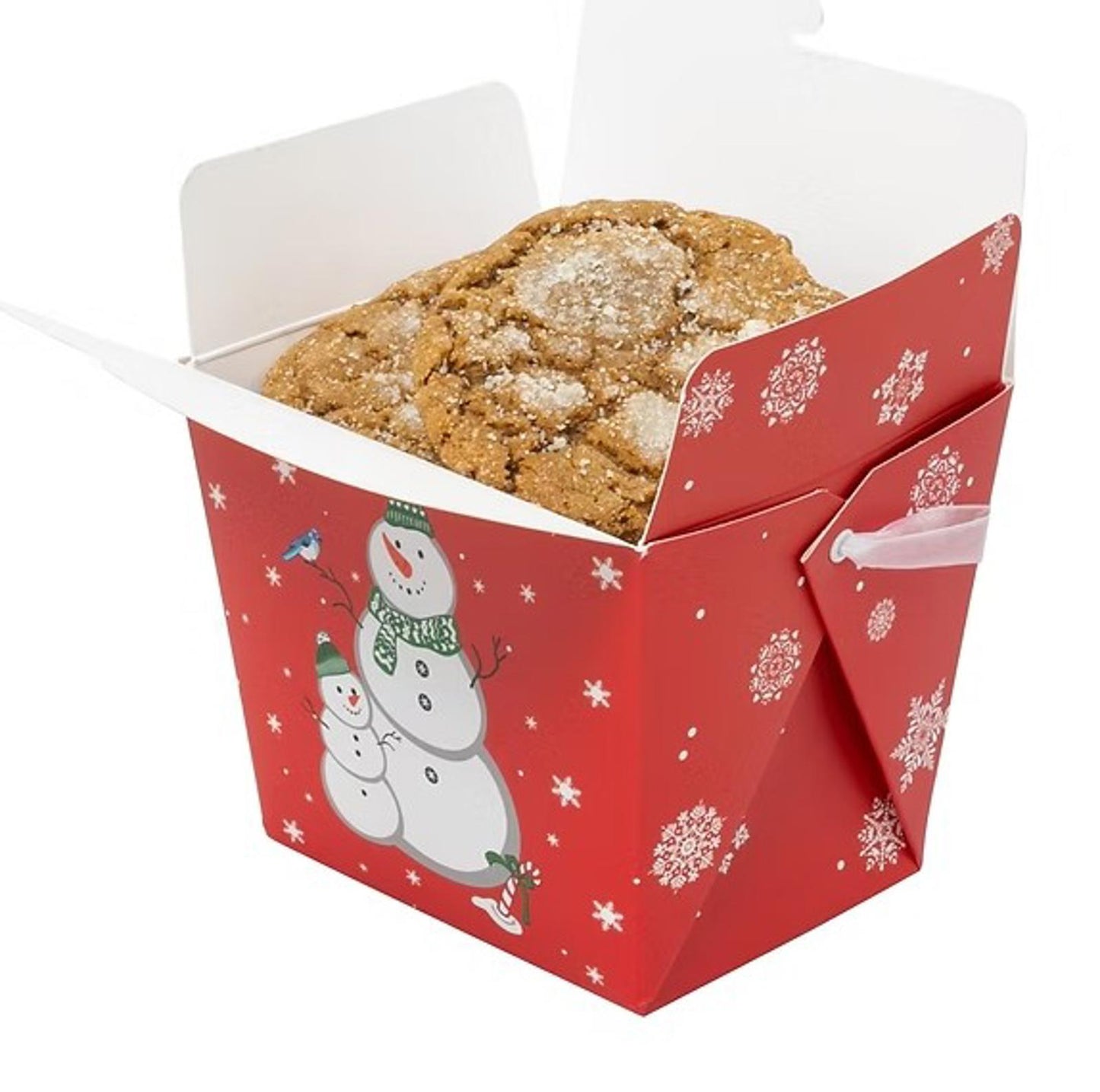 Holiday-themed cookie box featuring a snowman design, filled with delicious cookies.