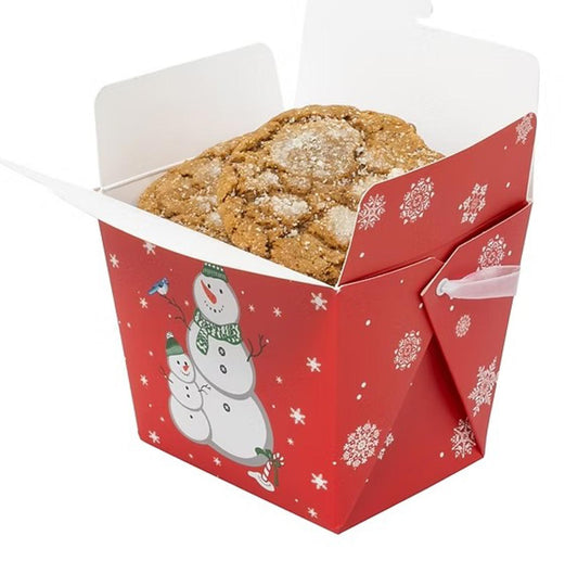 Holiday-themed cookie box featuring a snowman design, filled with delicious cookies.