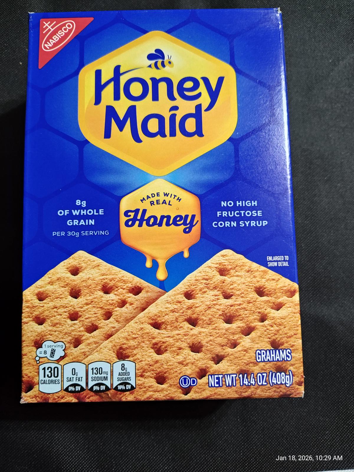 Honey Maid graham crackers made with real honey, featuring a blue box design.