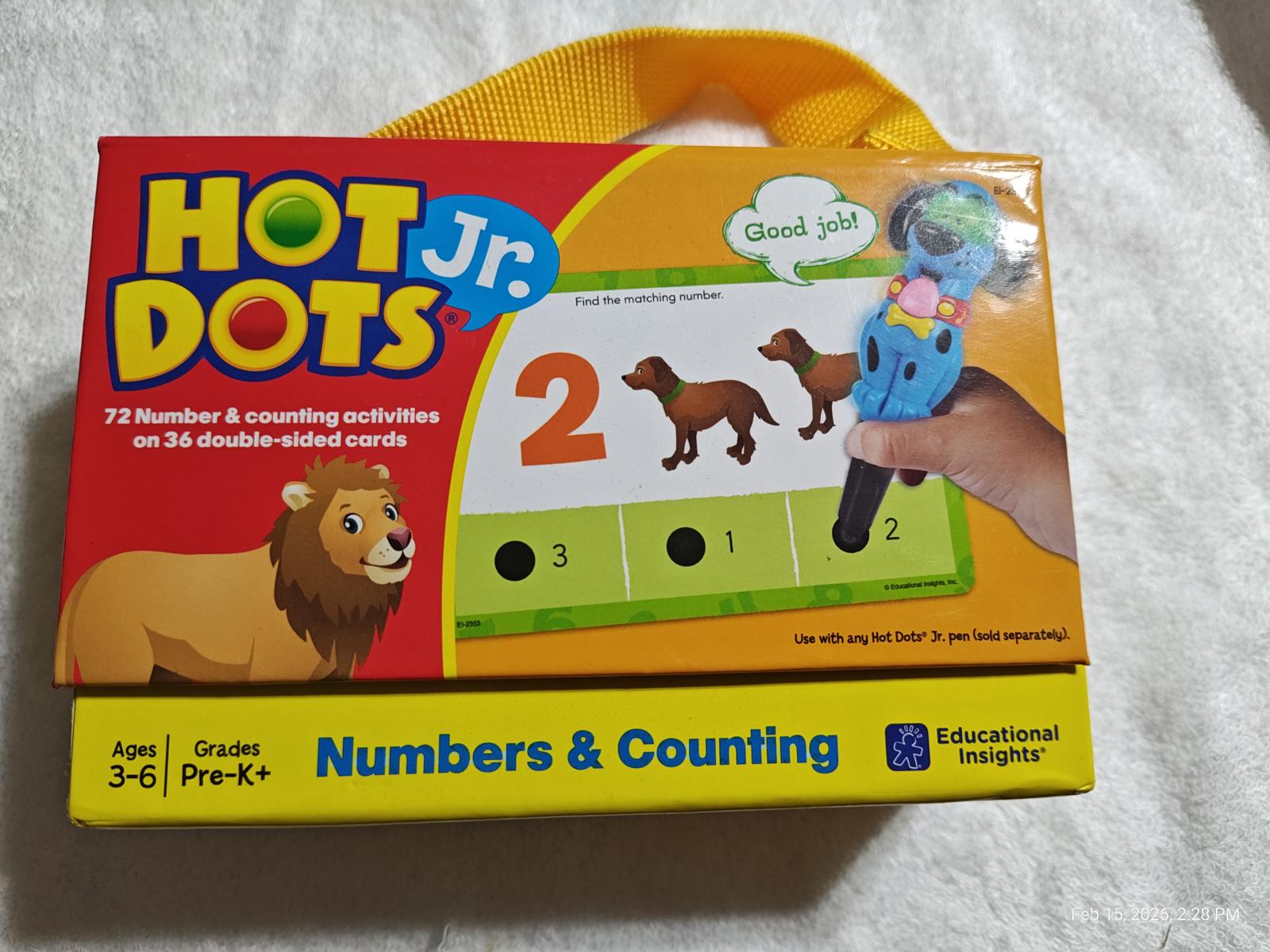 Hot Dots Jr. Numbers & Counting educational activity set for ages 3-6, featuring colorful cards and a fun pen.