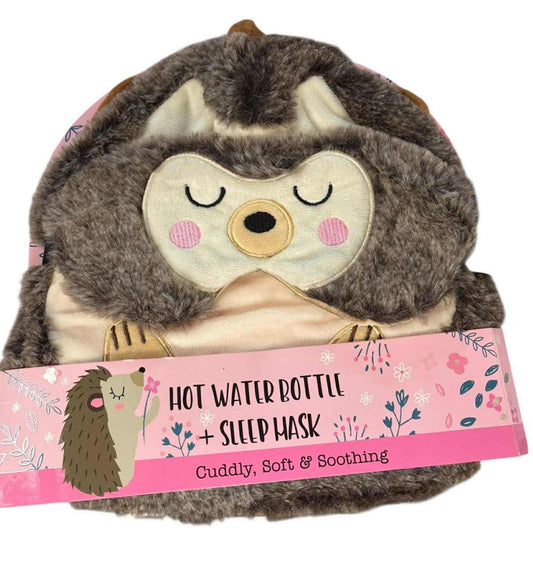 Hot water bottle and sleep mask featuring a cute hedgehog design, cuddly and soft for comfort.
