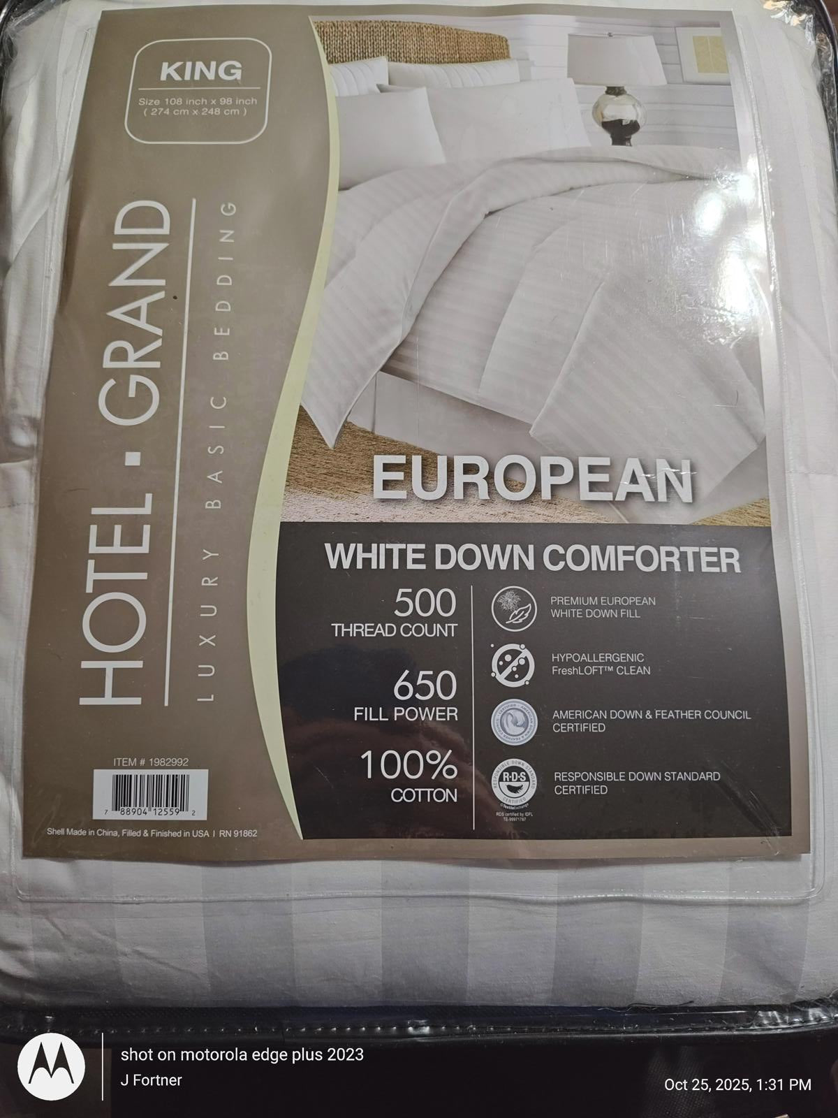 Hotel Grand European white down comforter with 500 thread count and 650 fill power.