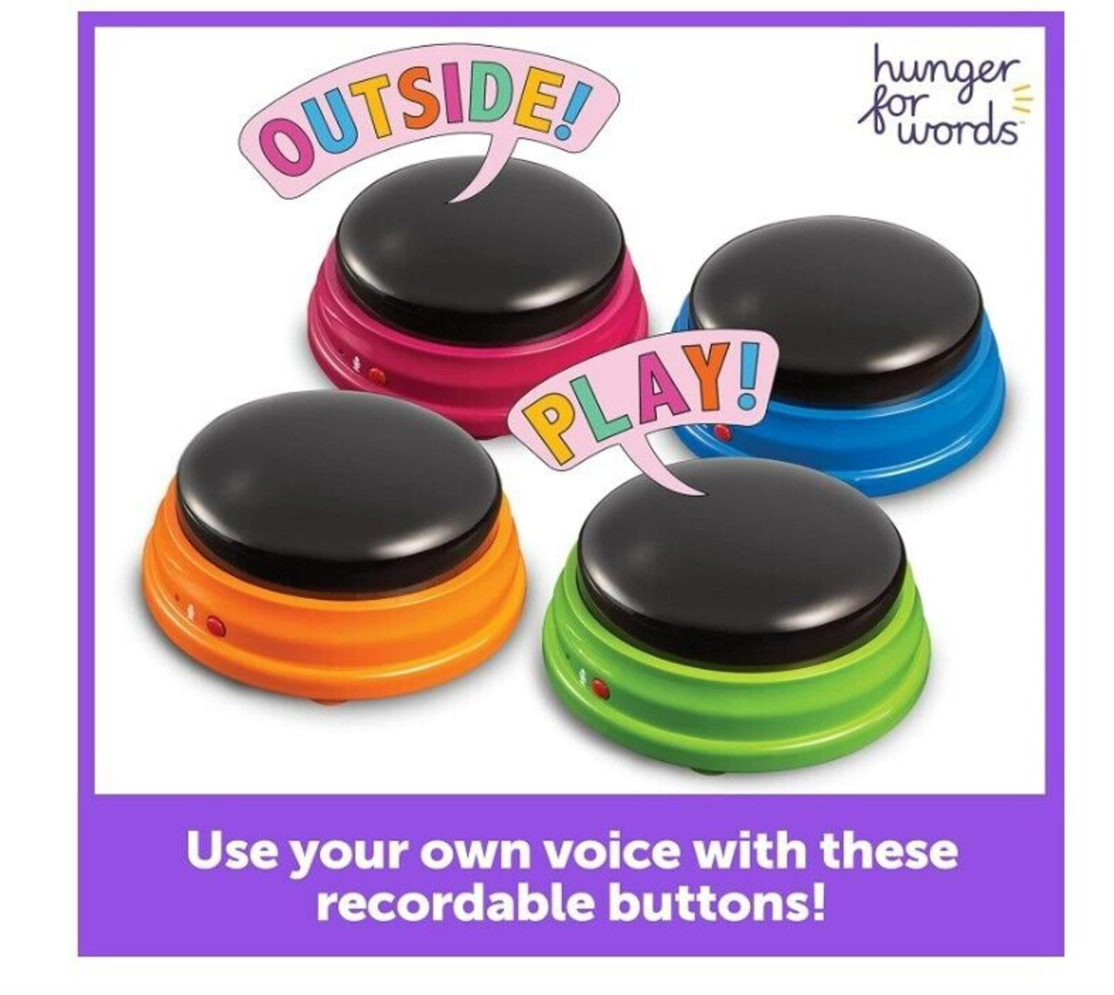 Hunger for Words recordable buttons in orange, green, blue, and purple colors for interactive play.