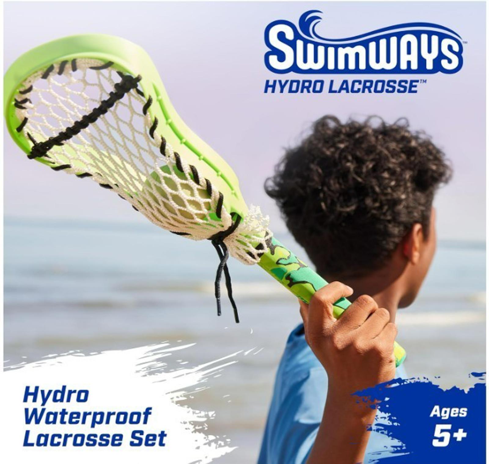 Hydro Waterproof Lacrosse Set for ages 5+, featuring a green lacrosse stick and a young player.