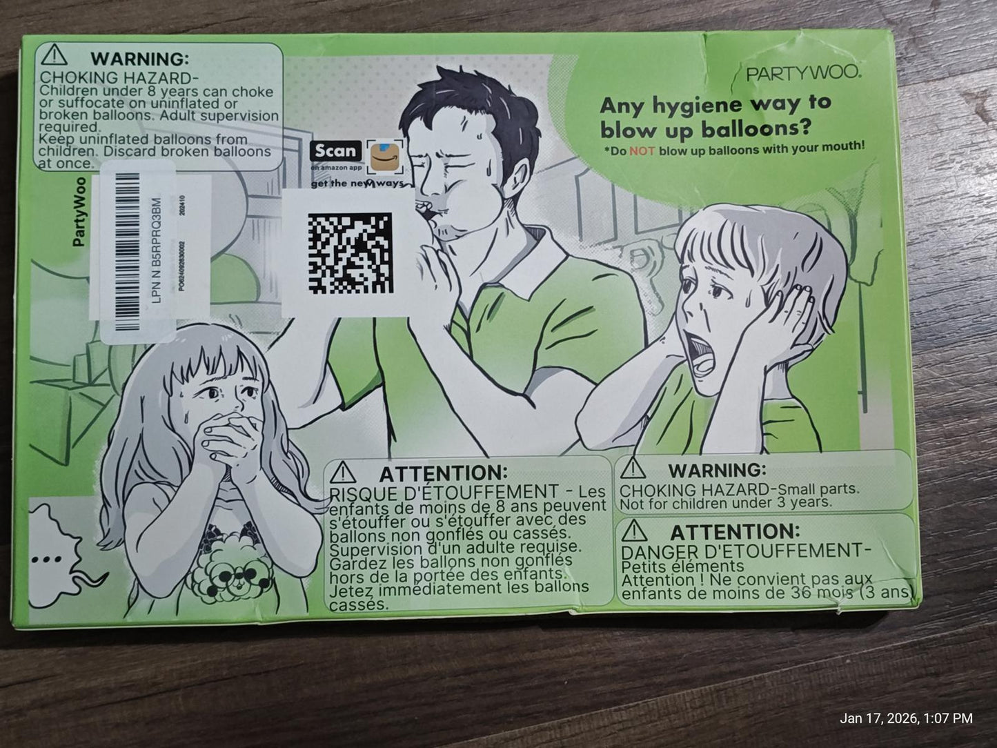 Hygiene balloon inflator packaging featuring a man and children demonstrating safe use.
