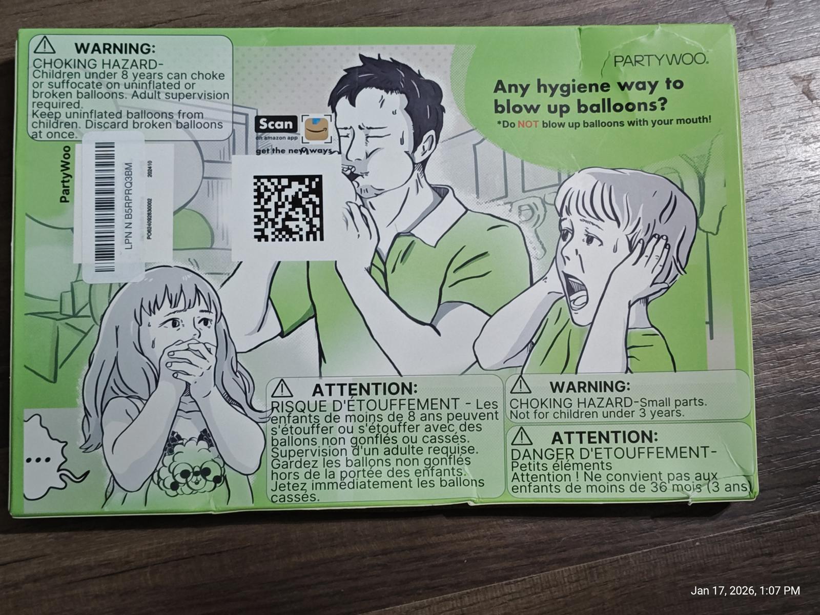 Hygiene balloon inflator packaging featuring a man and children demonstrating safe use.