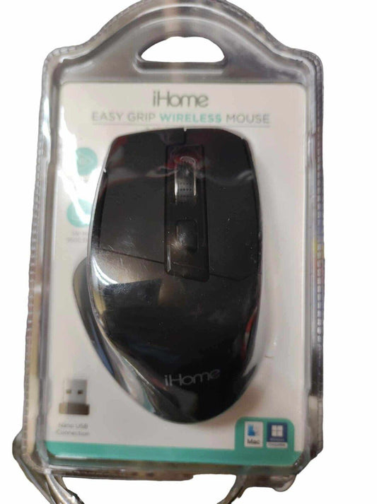 iHome Easy Grip Wireless Mouse in black packaging with USB receiver visible.