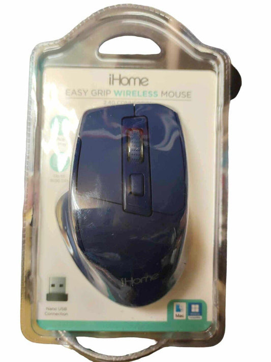iHome Easy Grip Wireless Mouse in blue packaging with ergonomic design.