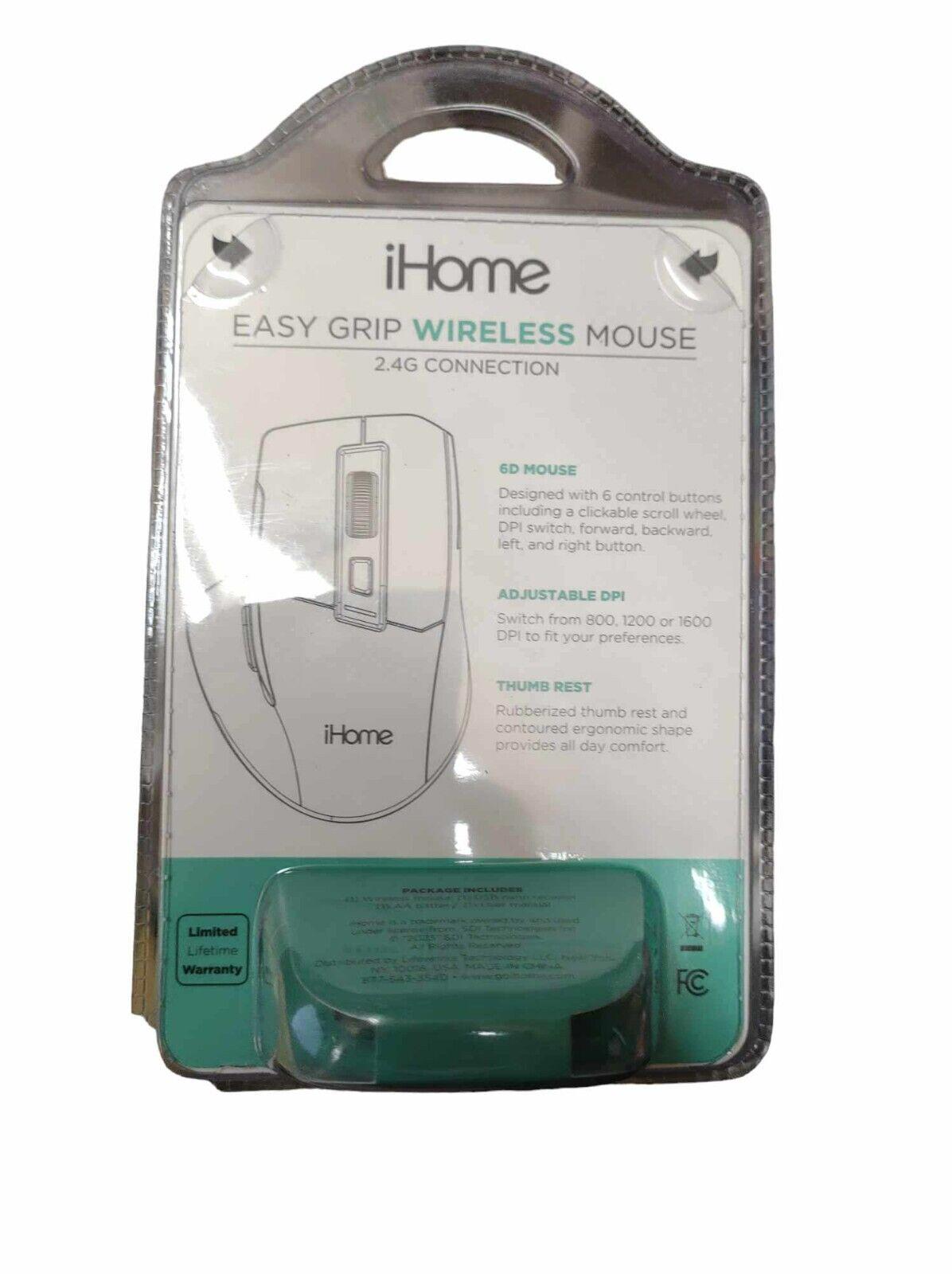 iHome Easy Grip wireless mouse with 2.4G connection, featuring ergonomic design and packaging.