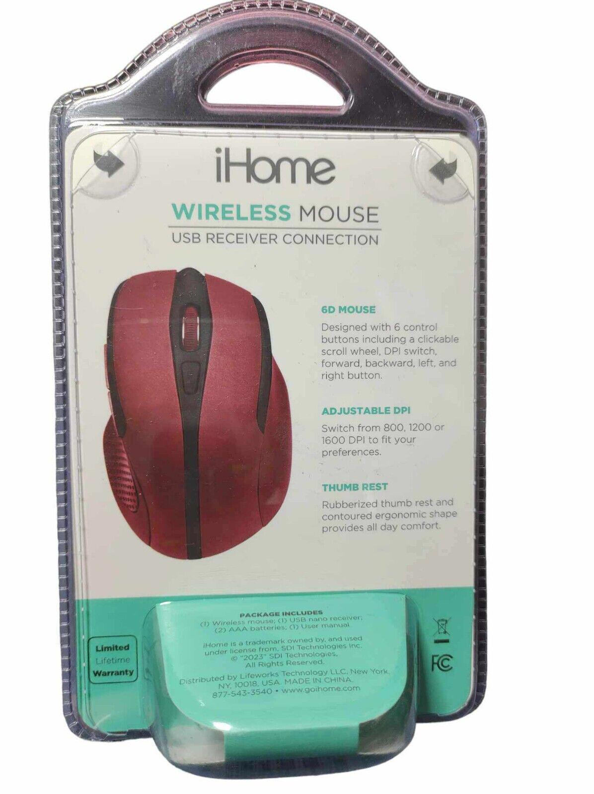 iHome wireless mouse with USB receiver connection, featuring a red design and ergonomic shape.