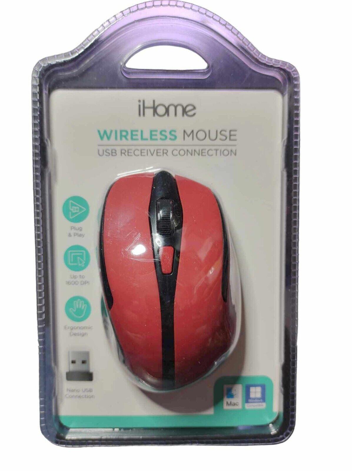 iHome wireless mouse in red packaging with USB receiver connection details.
