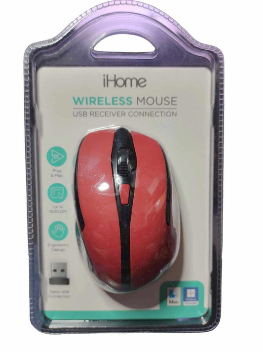 iHome wireless mouse in red packaging with USB receiver connection details.