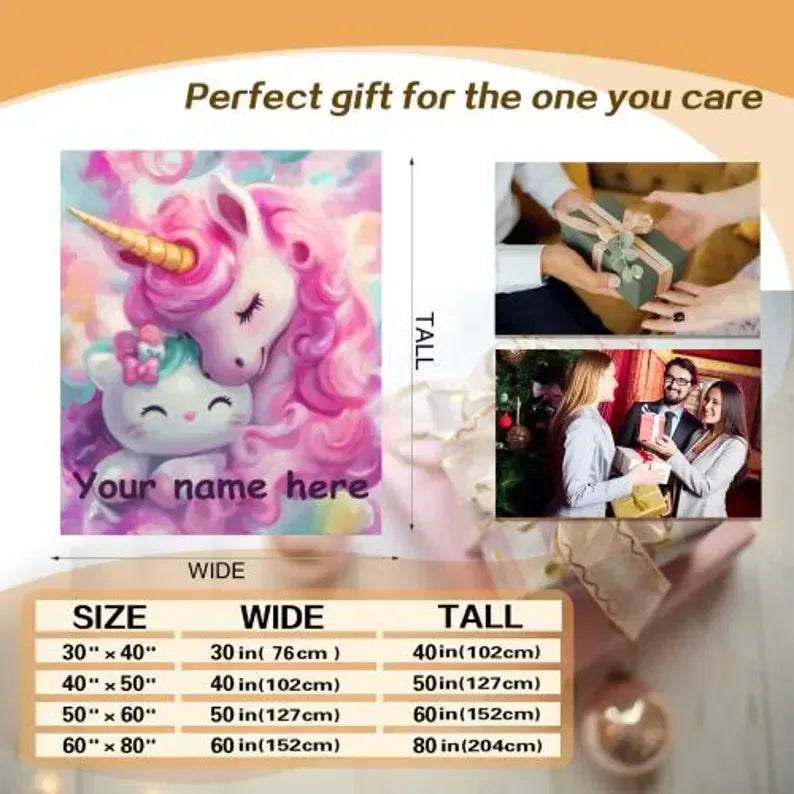Personalized Unicorn Blanket | Custom Name | Dreamy Pink Unicorn Kawaii Kitty Pastel Rainbow Fleece Throw Gift