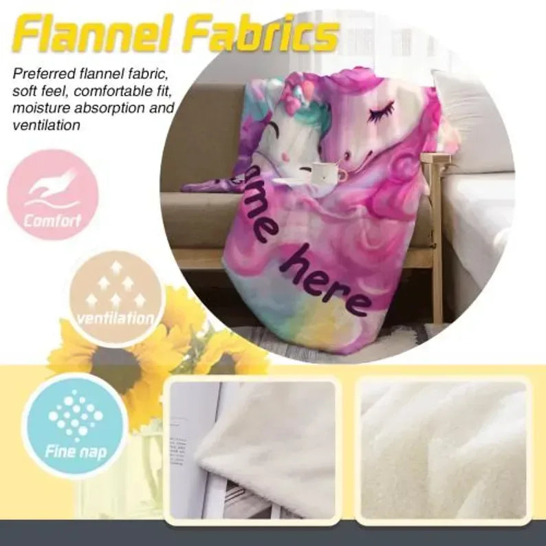 Personalized Unicorn Blanket | Custom Name | Dreamy Pink Unicorn Kawaii Kitty Pastel Rainbow Fleece Throw Gift